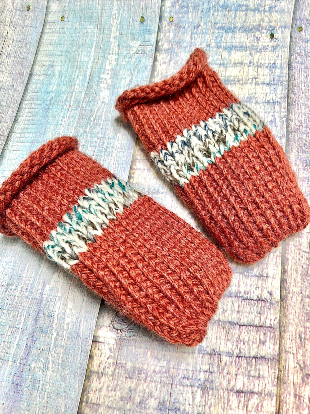 Hand-Knit Rust Orange  Mittens gloves Cream Stripe cottagecore farmhouse vibe